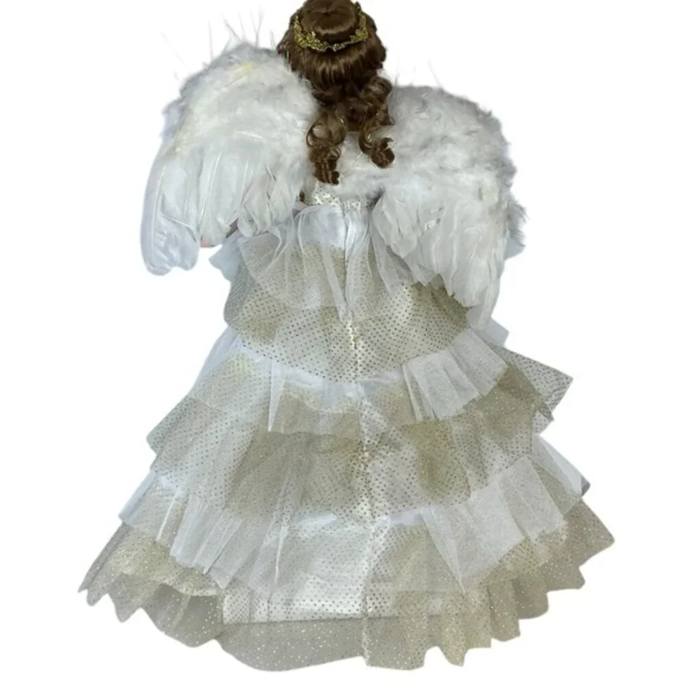 Vintage Porcelain Angel Doll 19” Brunette with Stand Gold White Lace Gown 1989